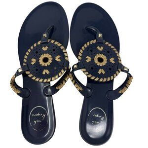 Jack Rogers Womens Navy Gold Jelly Thong Sandals Whipstitch Medallion Size 10